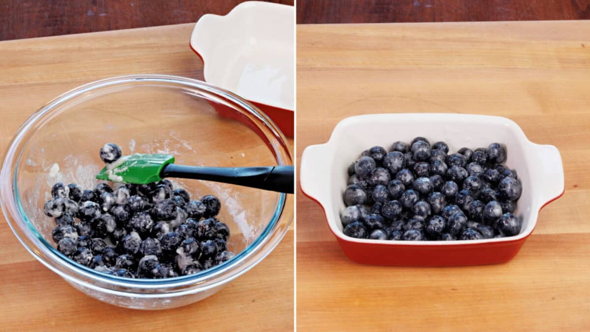 blueberries mixed with flour, sugar, and lemon juice in a mixing bowl.