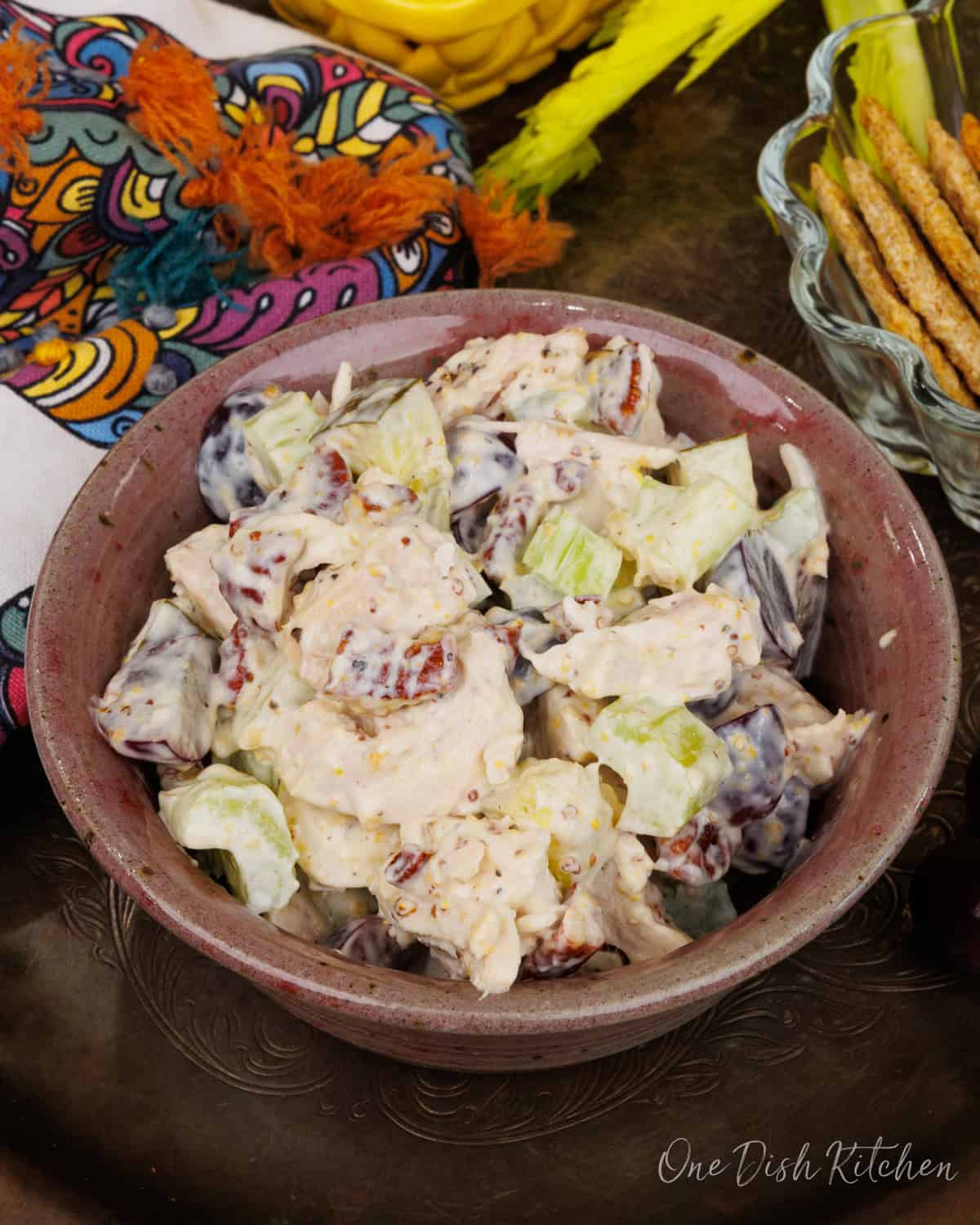 a single serving of chicken salad in a bowl.