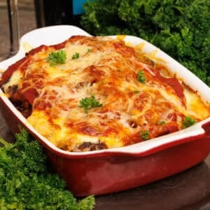 a mini eggplant parmesan in a small baking dish.