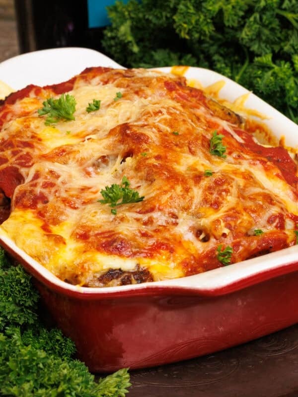 a mini eggplant parmesan in a small baking dish.
