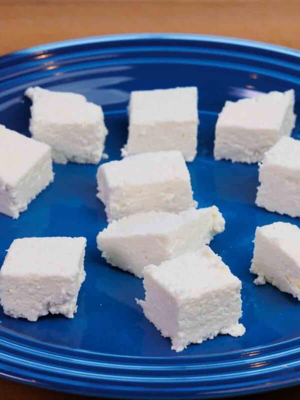 cubes of paneer on a blue plate.