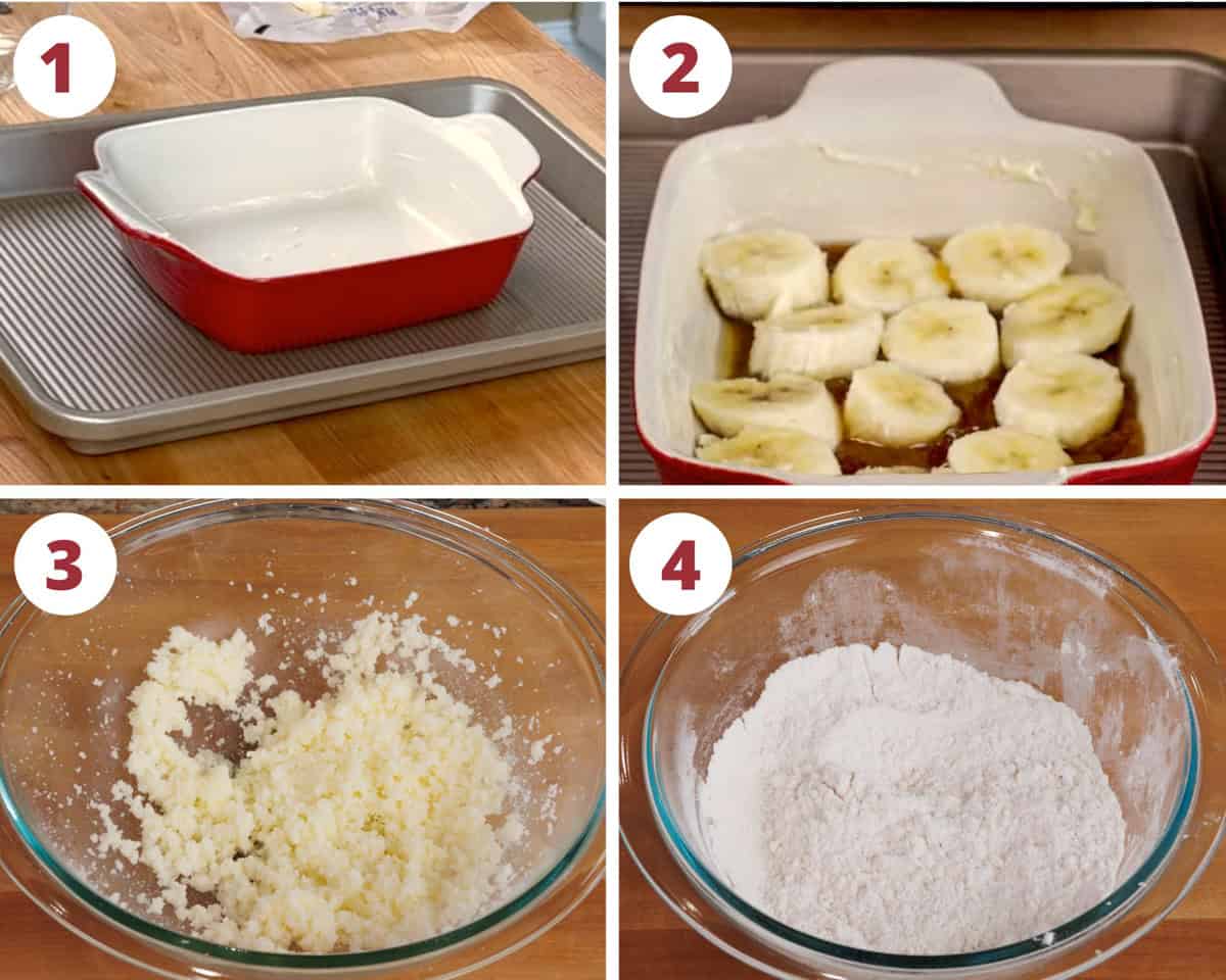 four photos showing how to make the batter for a banana upside down cake.