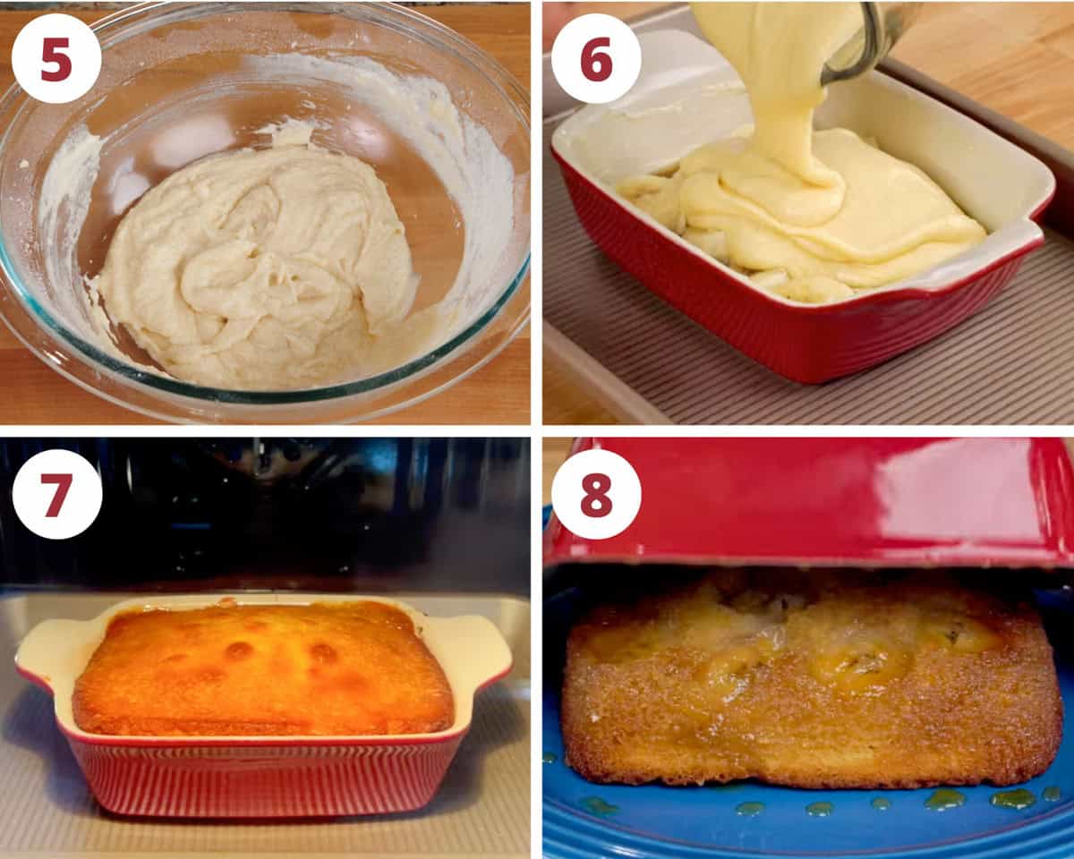 four photos showing the baking process of a caramelized banana upside down cake.