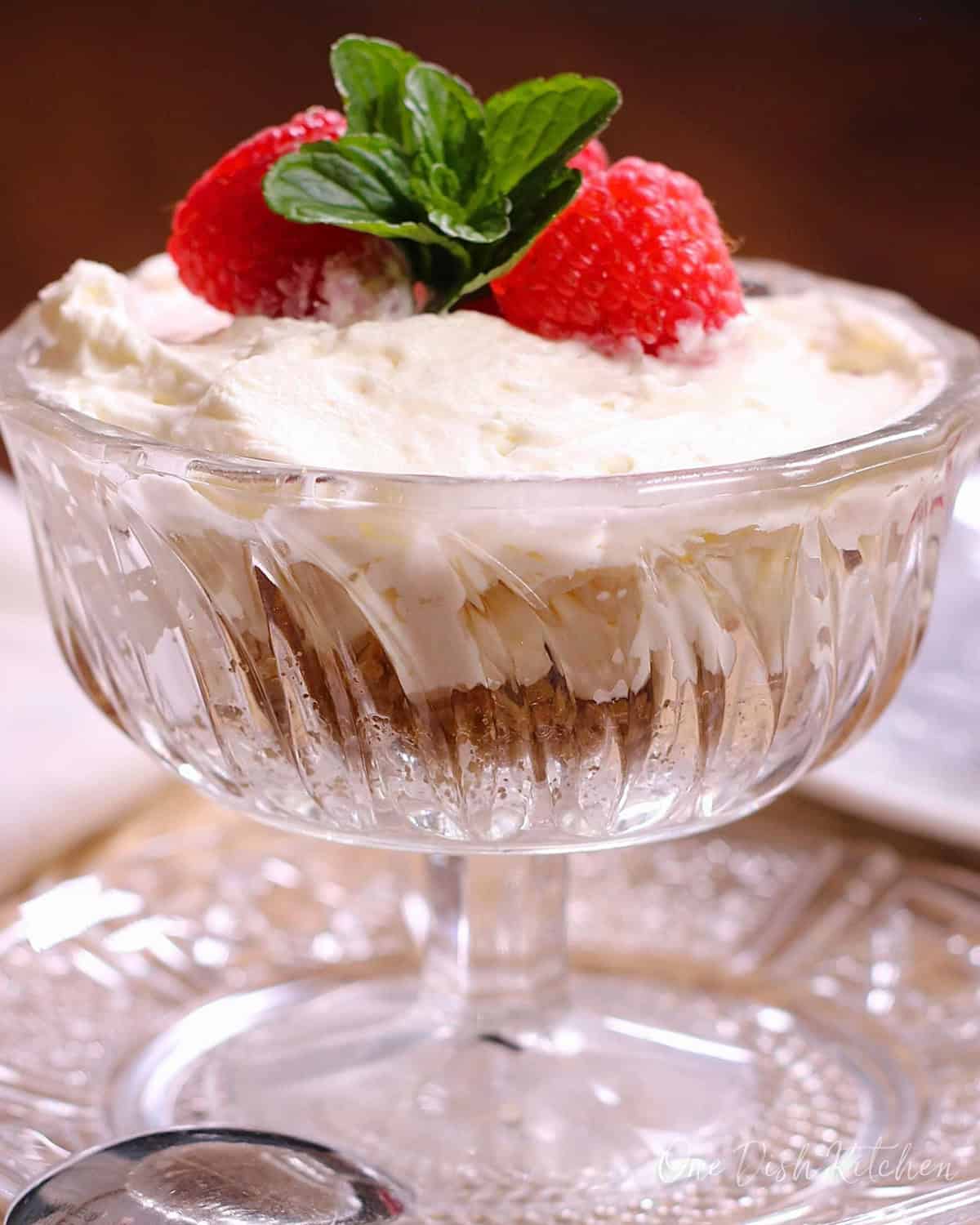 a mini no bake cheesecake in a dessert dish.