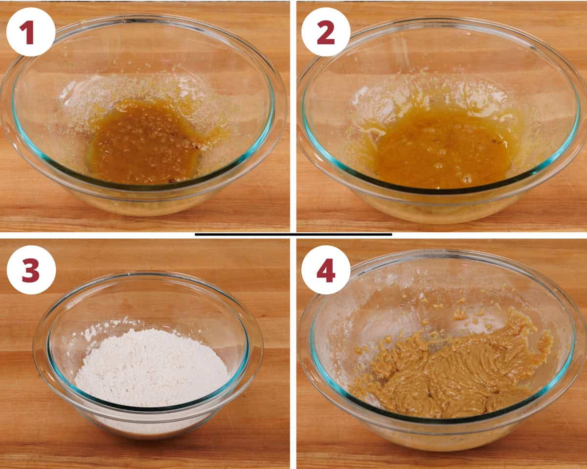 four photos showing how to make oatmeal cookie dough.