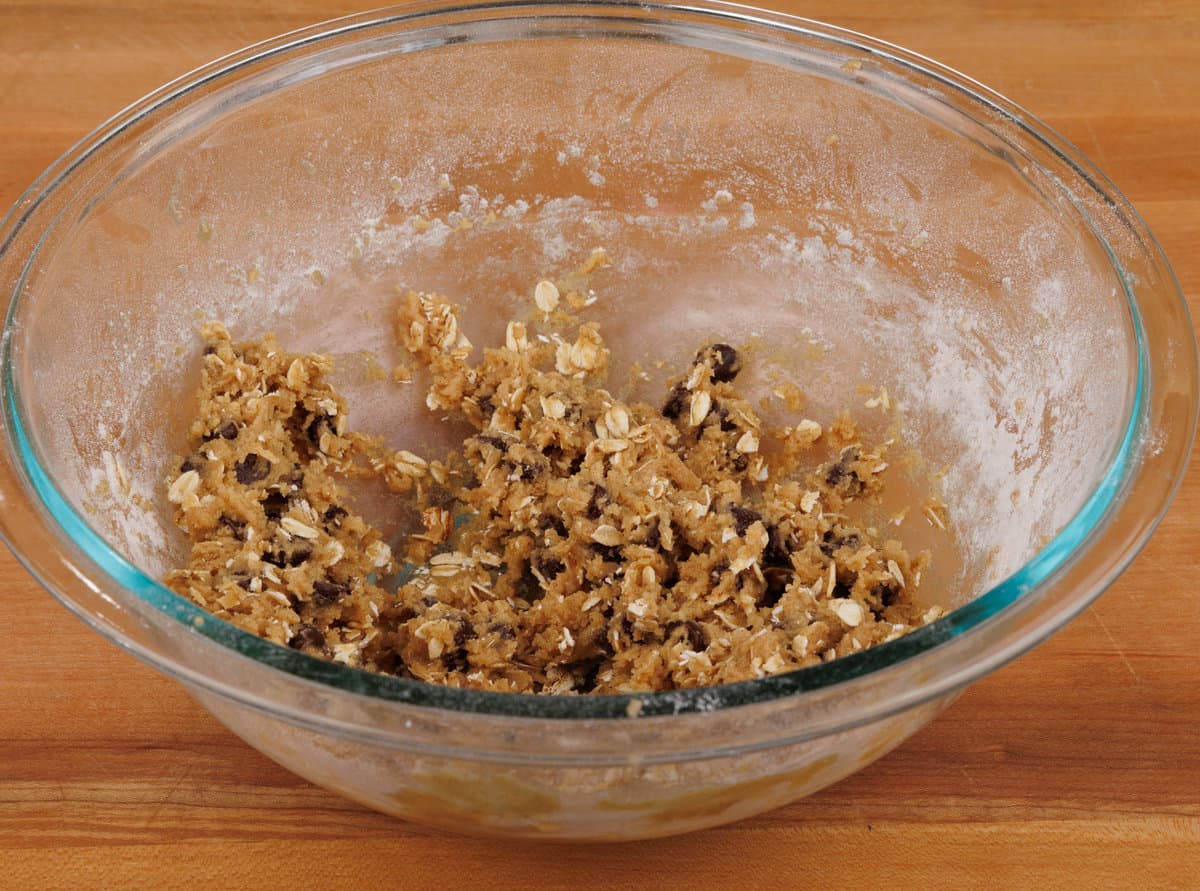 oatmeal raisin cookie dough in a mixing bowl.