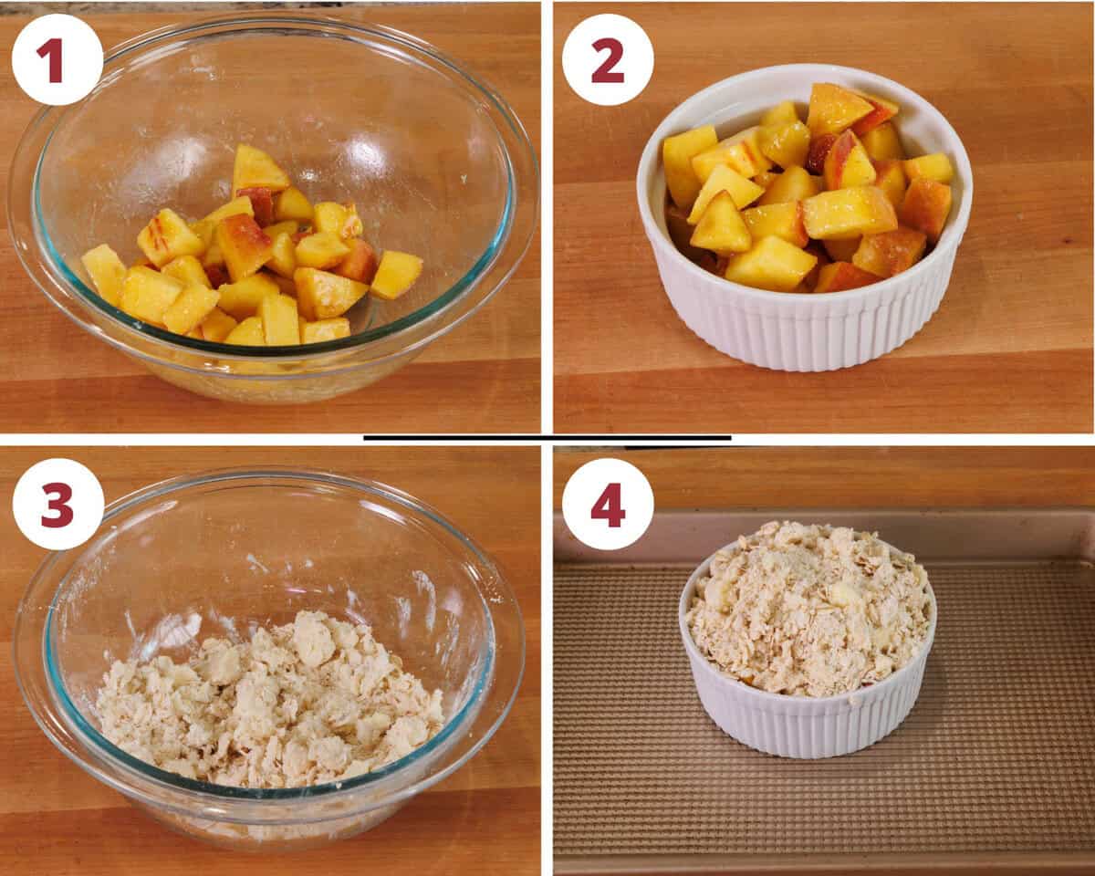 four photos showing how to make a peach crisp.
