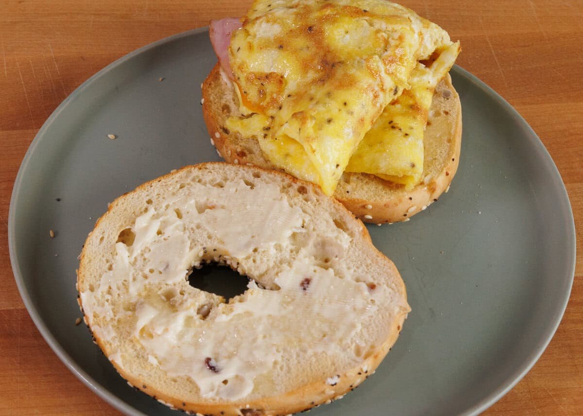 folded eggs on a bagel.