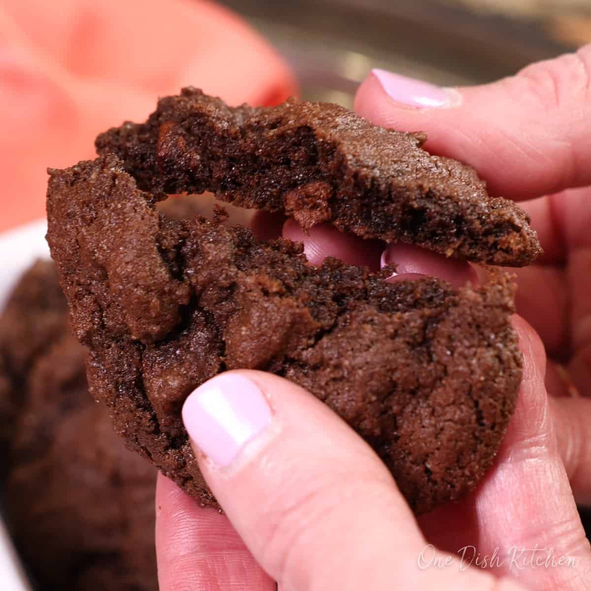 Close-up of chewy small batch double chocolate chip cookies with rich chocolate flavor.