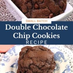 three double chocolate chip cookies on a plate.