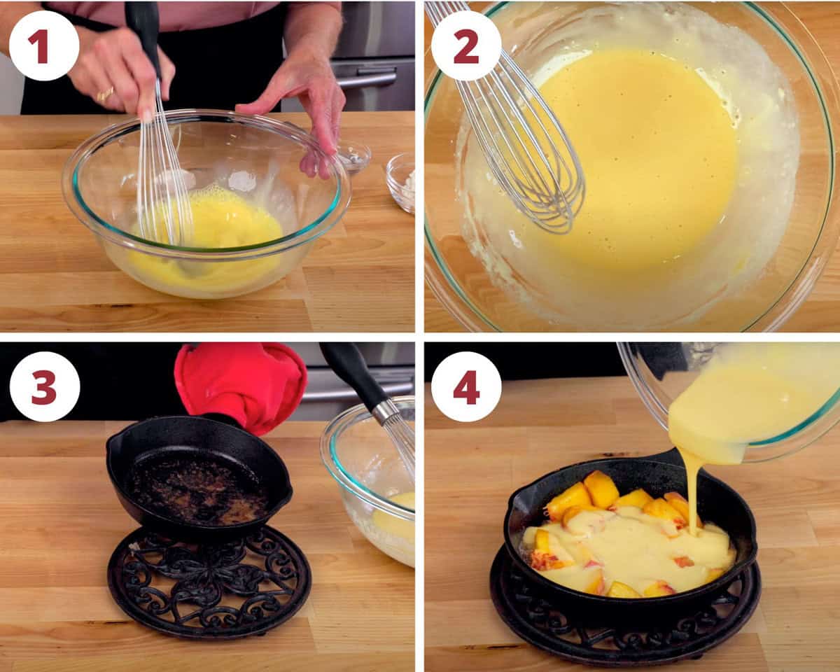 four photos showing how to make a dutch baby batter with peaches.