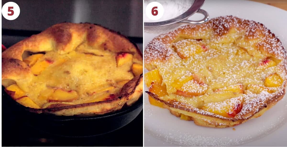 two photos showing a small peach dutch baby in a skillet and on a plate.