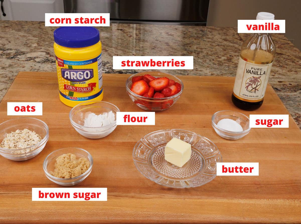 strawberry crisp ingredients on a kitchen counter