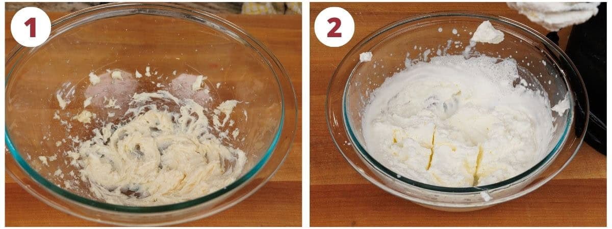 the cream cheese mixture for an icebox cake in a mixing bowl.