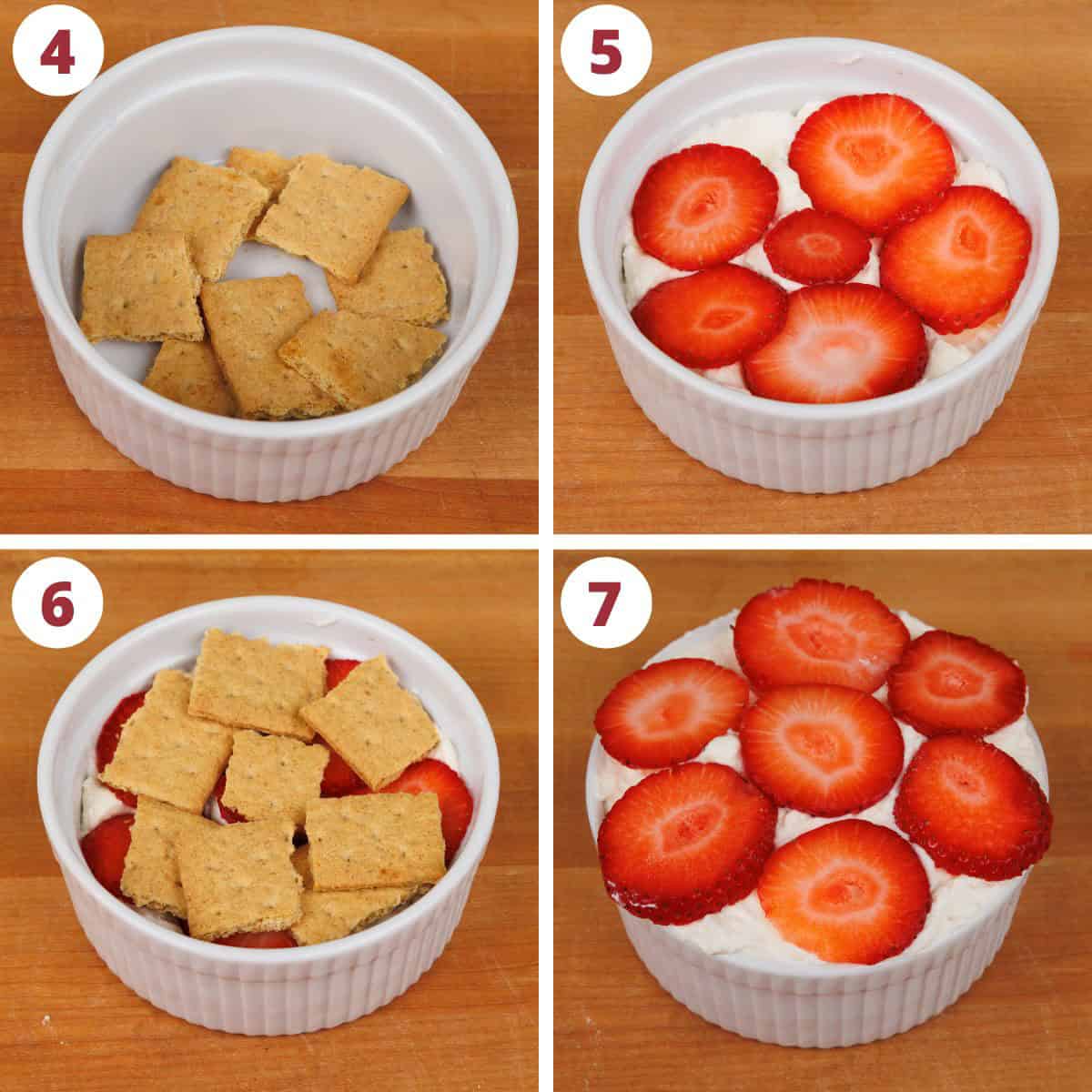 four photos showing how to make a small strawberry icebox cake.