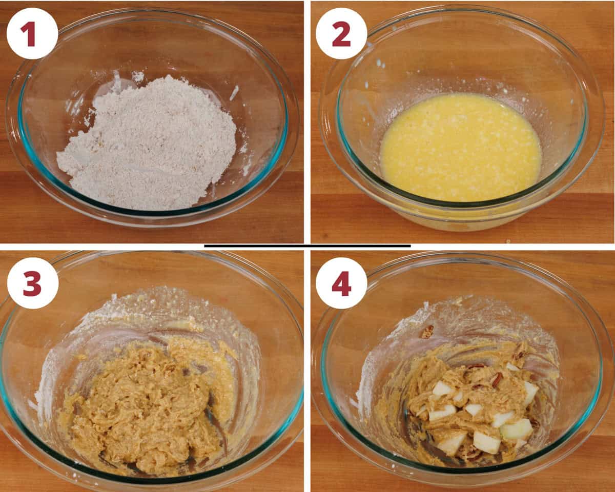 four photos showing how to make apple muffin batter.