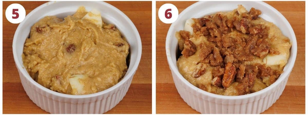 two photos showing apple muffin batter in a ramekin and with the streusel topping.