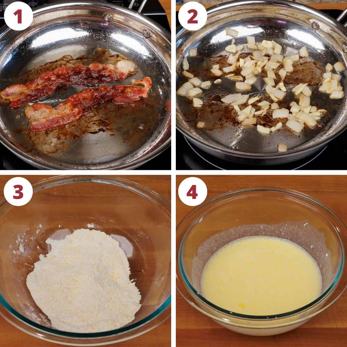 four photos showing how to make the filling for a corn casserole.
