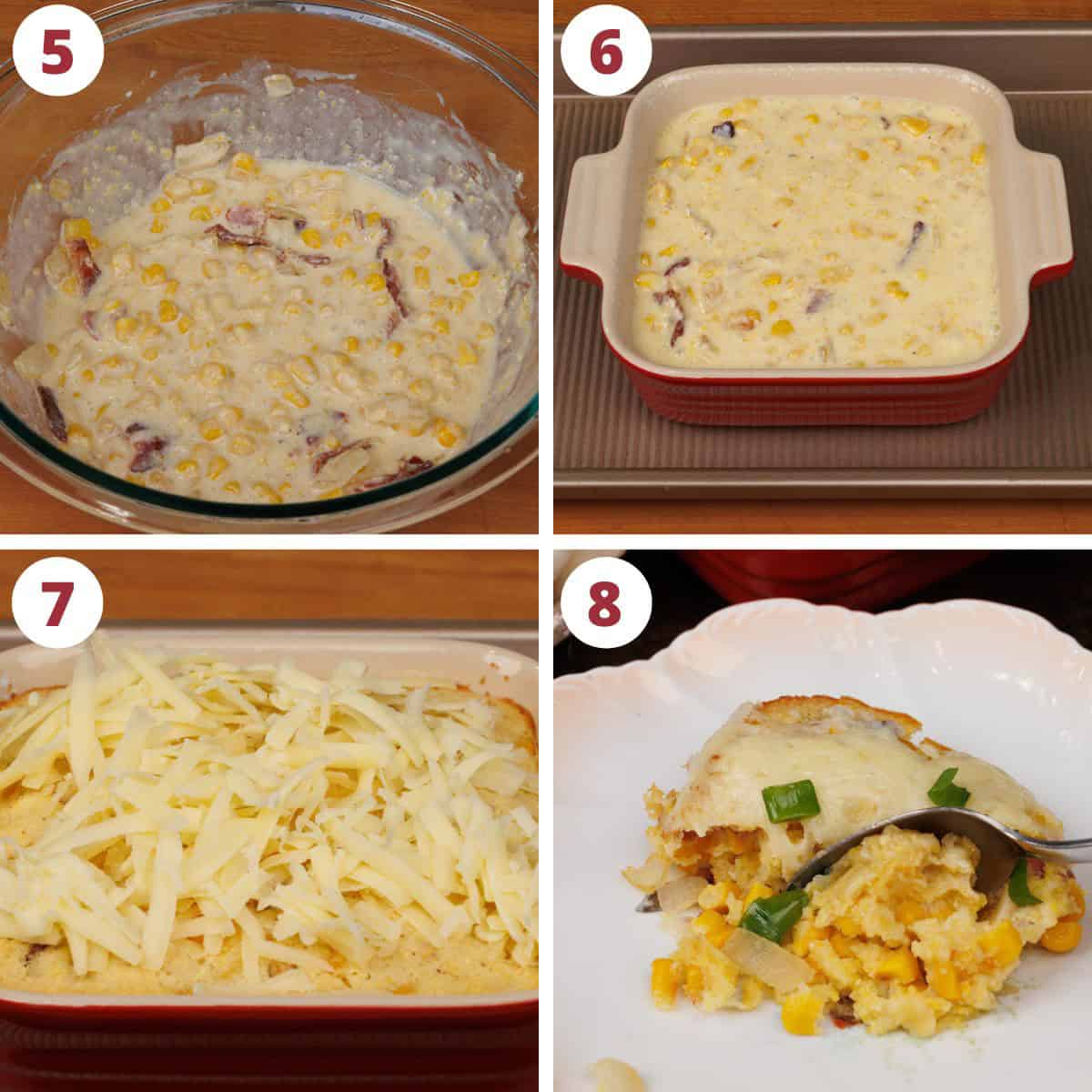 four photos showing how to make a mini corn casserole.