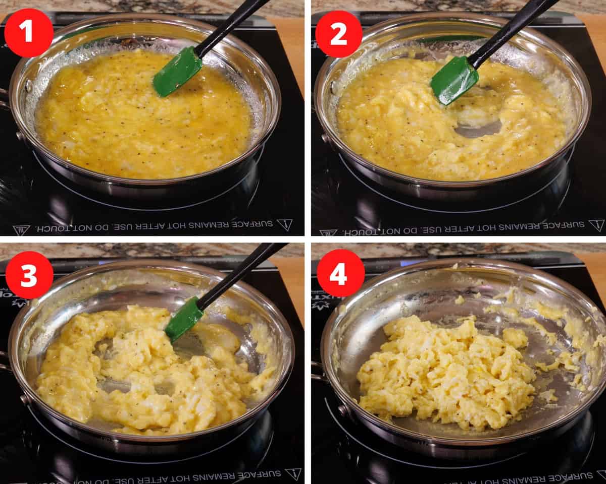four photos showing how to scramble eggs