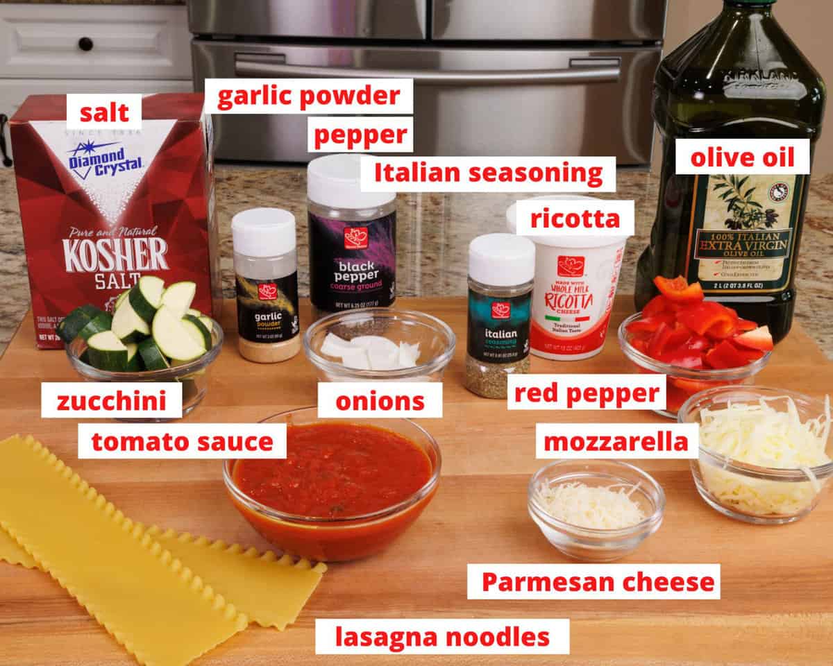 vegetable lasagna ingredients on a kitchen counter