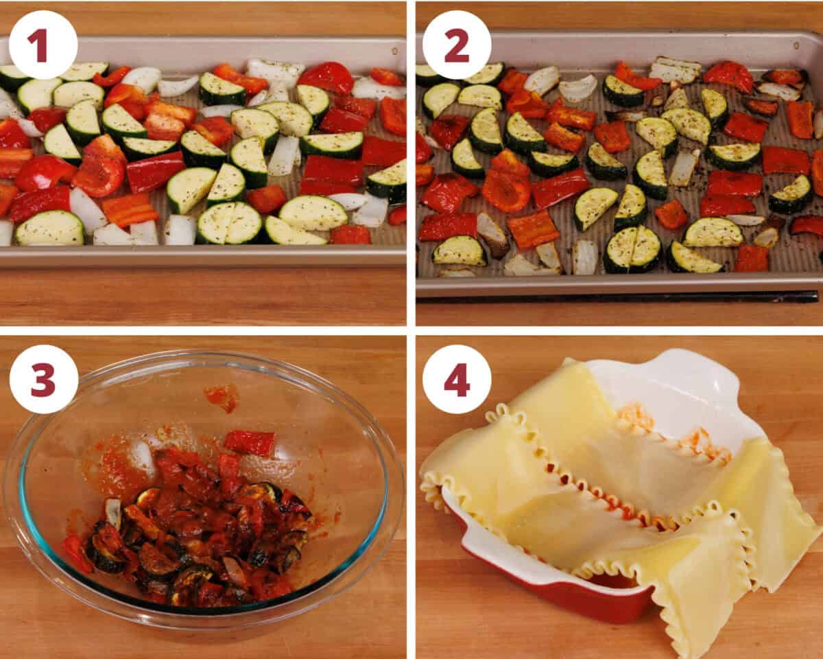 four photos showing how to make the filling for vegetable lasagna.