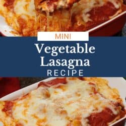 a small vegetable lasagna with melted cheese on a fork.