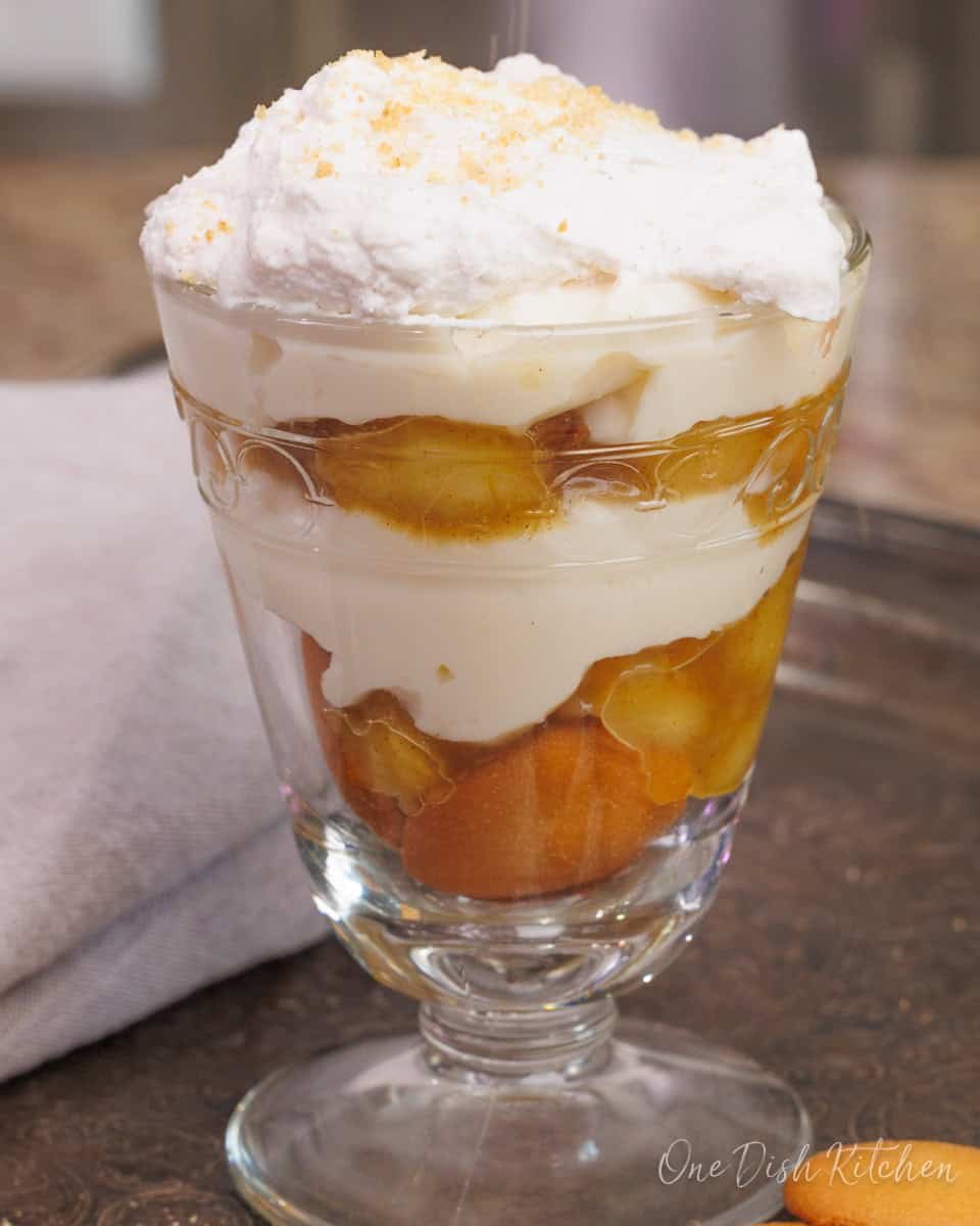 Caramelized Banana Pudding in a dessert glass.