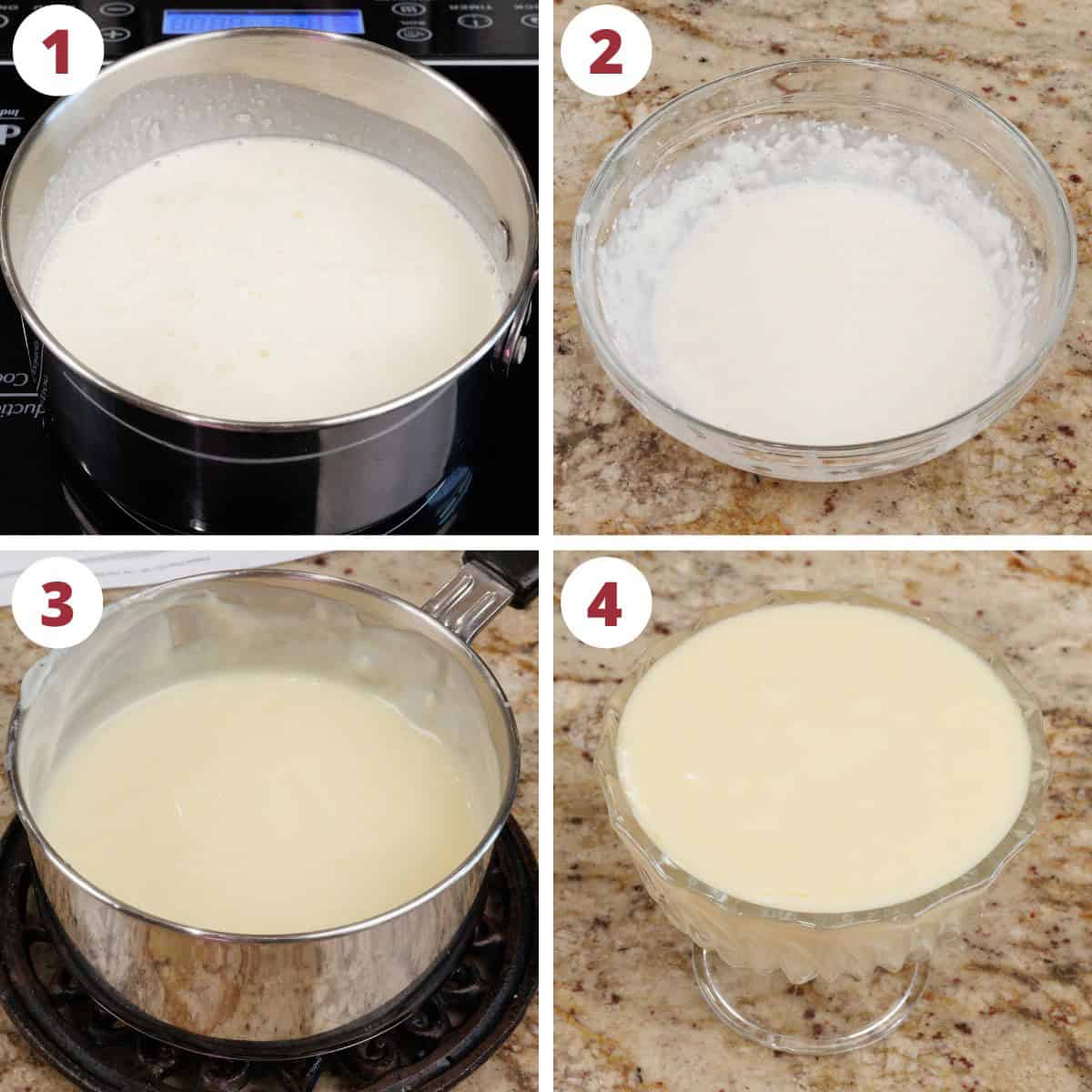 four photos showing how to make vanilla pudding in a saucepan.