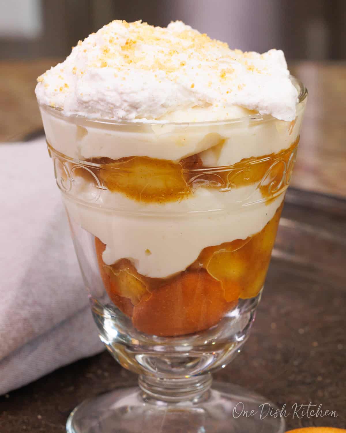 Caramelized Banana Pudding in a dessert glass.