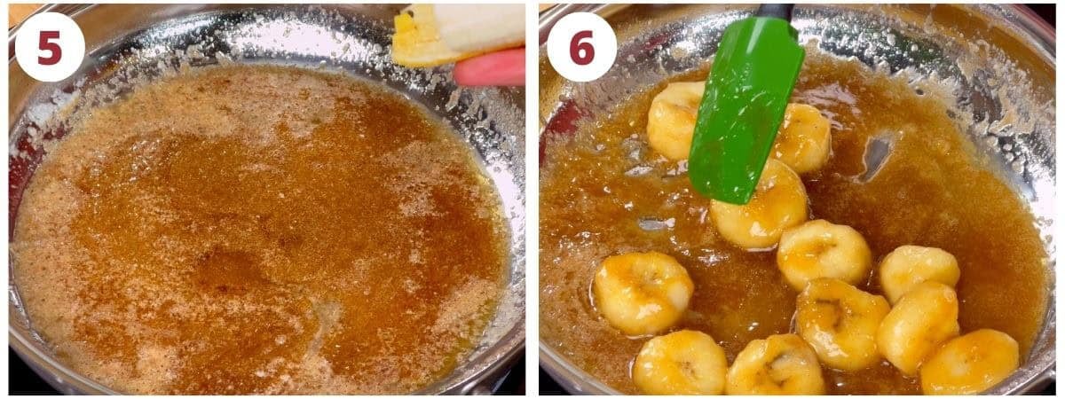 two photos showing how to caramelize bananas in a skillet.