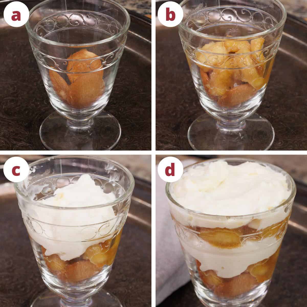 four photos showing how to assemble a banana pudding in a dessert dish.