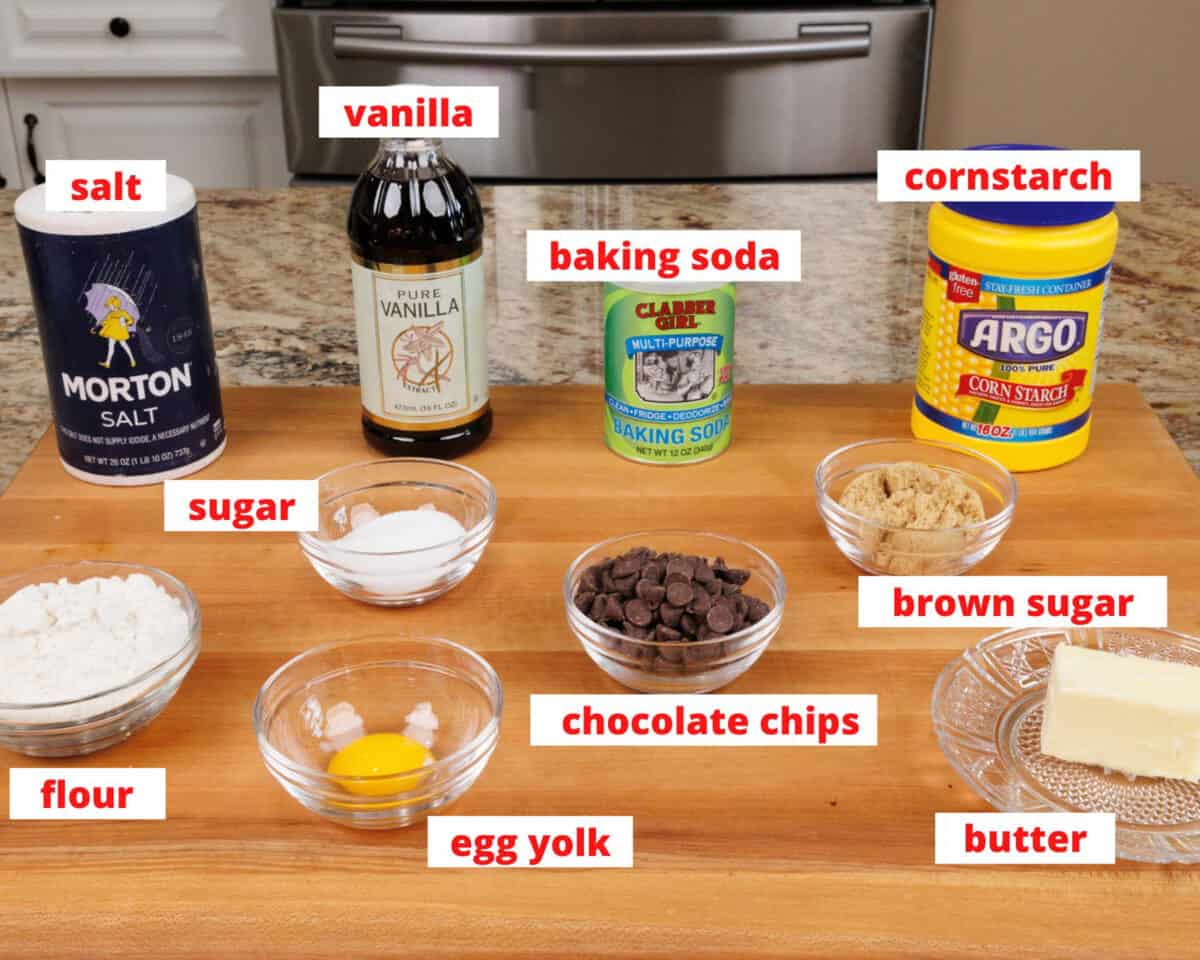 chocolate chip cookies ingredients on a kitchen counter.