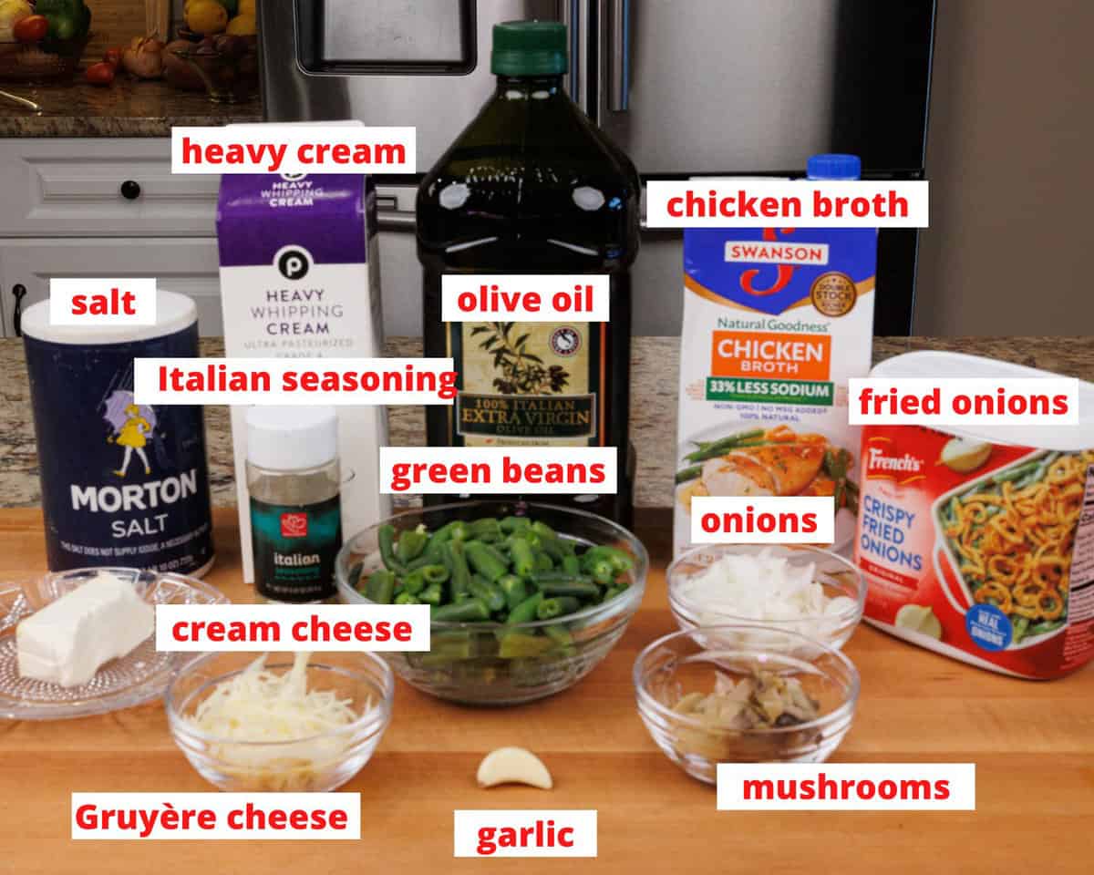 green bean casserole ingredients on a kitchen counter