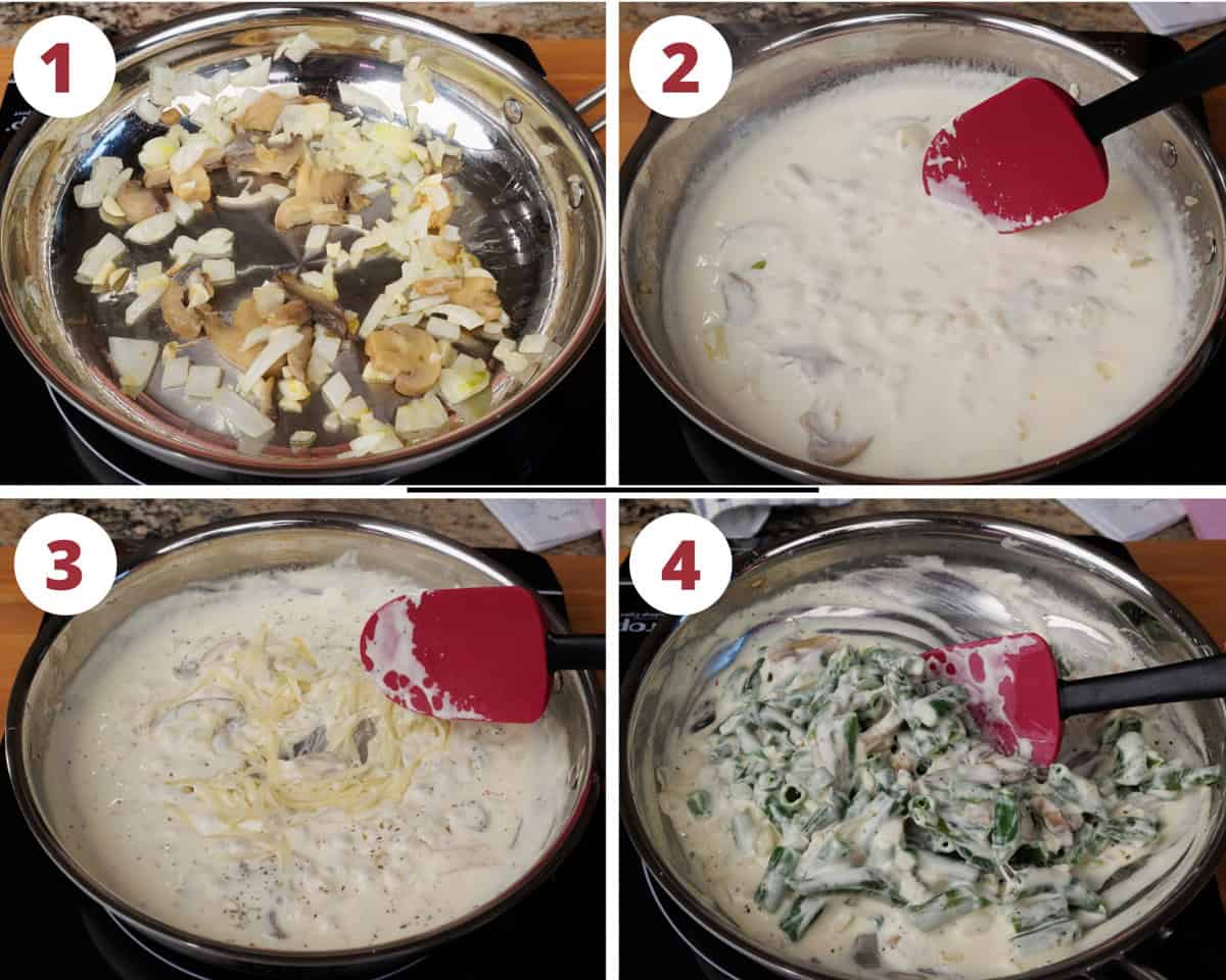four photos showing how to make green bean casserole filling.