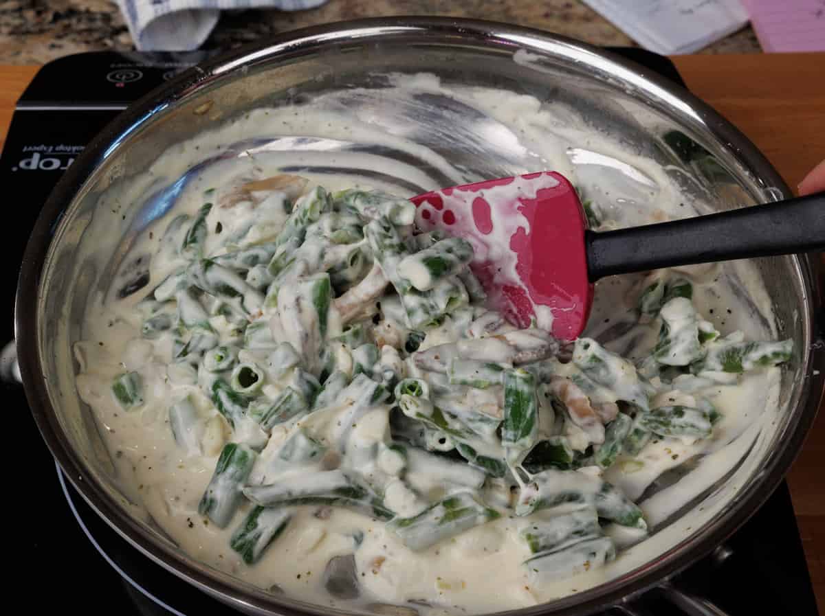 homemade green bean casserole in a small skillet