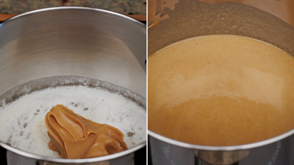 melting peanut butter and butter in a saucepan to make fudge