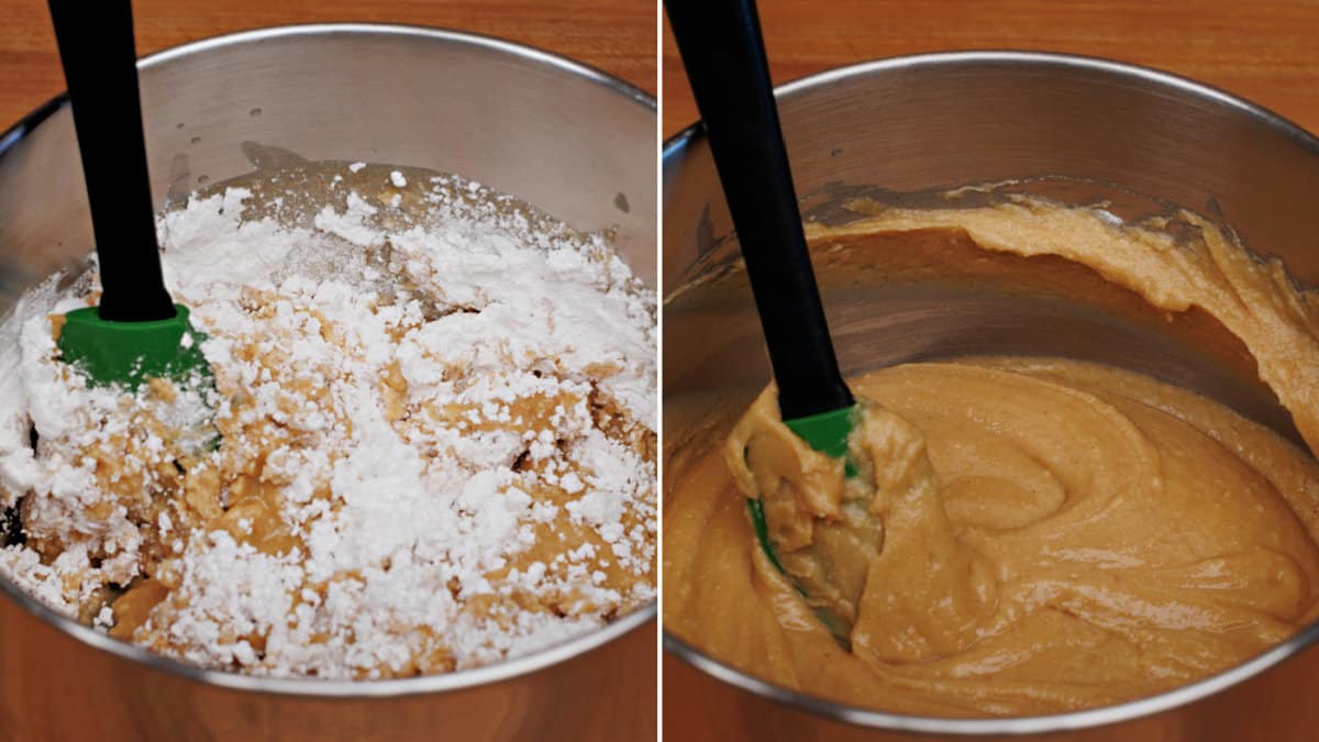 stirring powdered sugar into peanut butter and butter to make fudge