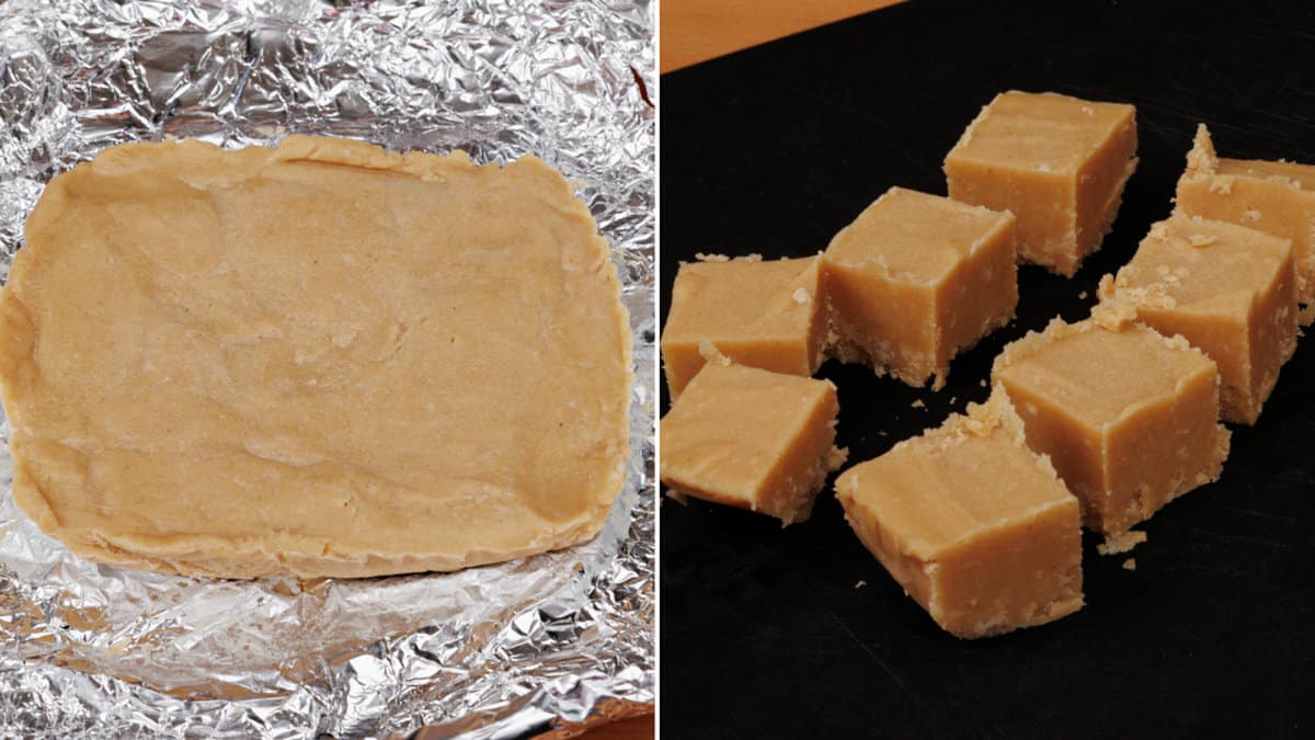 cutting peanut butter fudge into squares