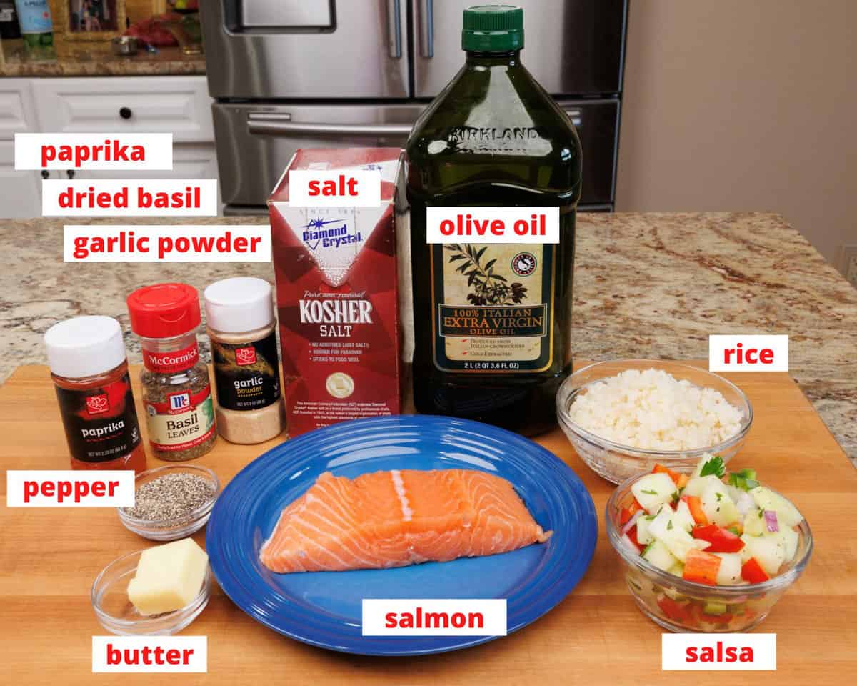 salmon rice bowl ingredients on a kitchen counter