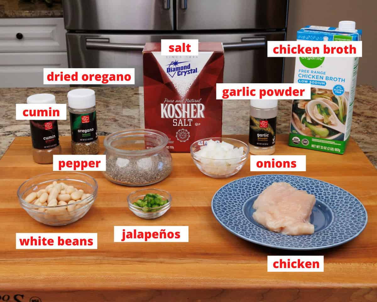 white chicken chili ingredients on a kitchen counter.