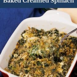 a small batch of creamed spinach in a red baking dish.