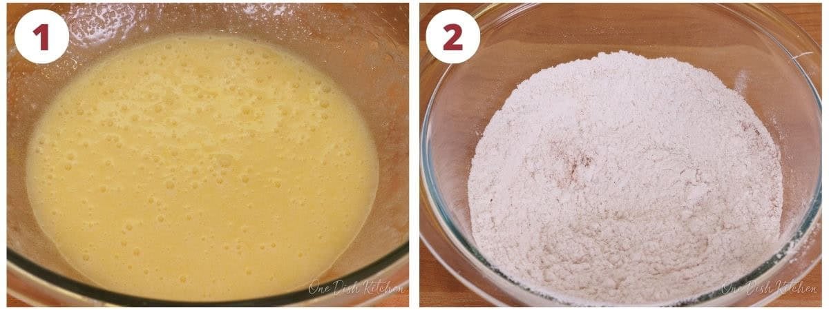 the batter for carrot cake cupcakes in two mixing bowls.