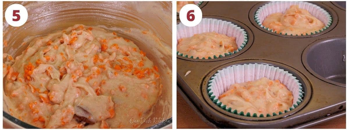 carrot cake batter in a bowl and in cupcake liners.