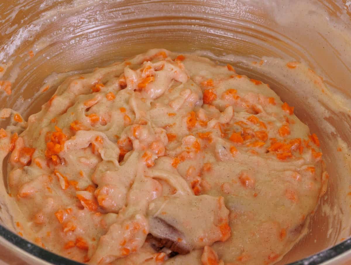 carrot cake batter in a mixing bowl