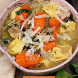 a bowl of chicken tortellini soup topped with parmesan cheese.