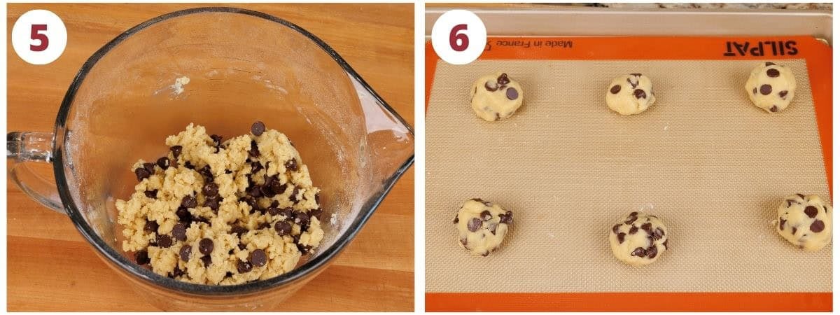 chocolate chip cookie dough in a mixing bowl and rolled into balls on a baking sheet.
