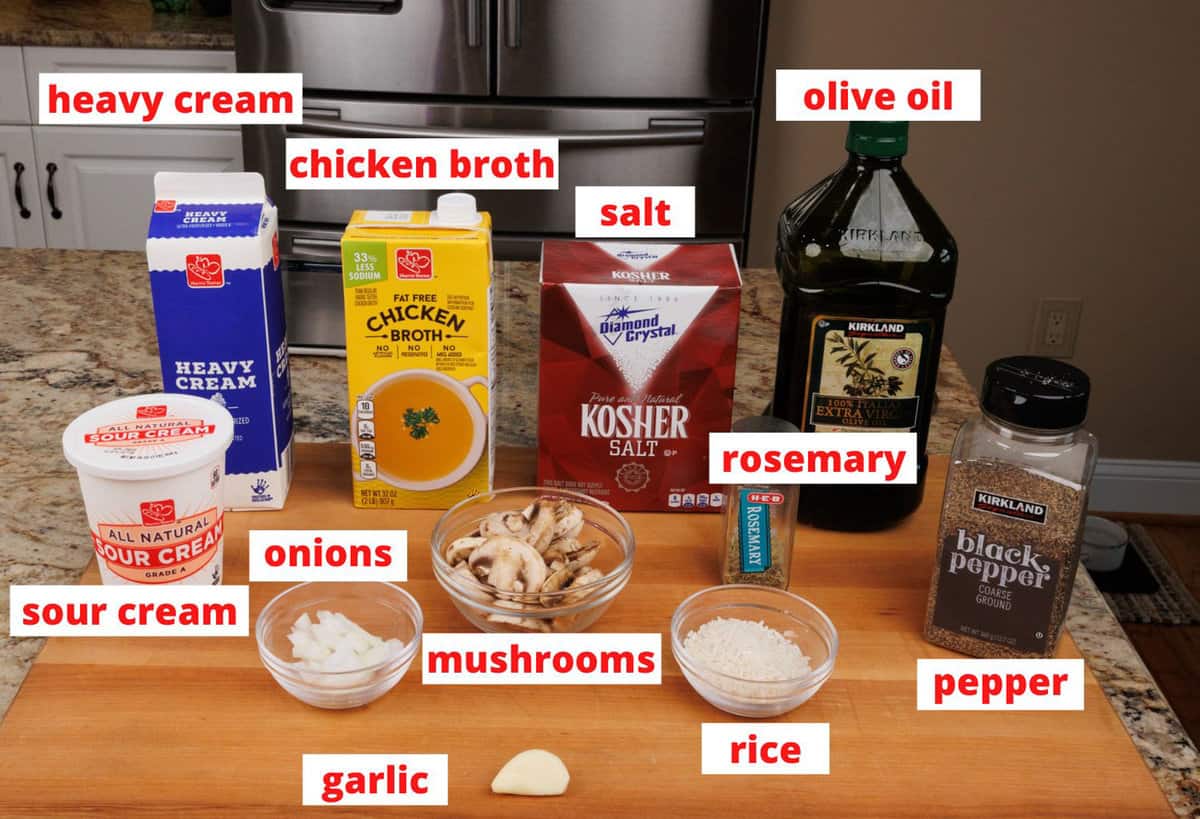 mushroom casserole ingredients on a kitchen counter