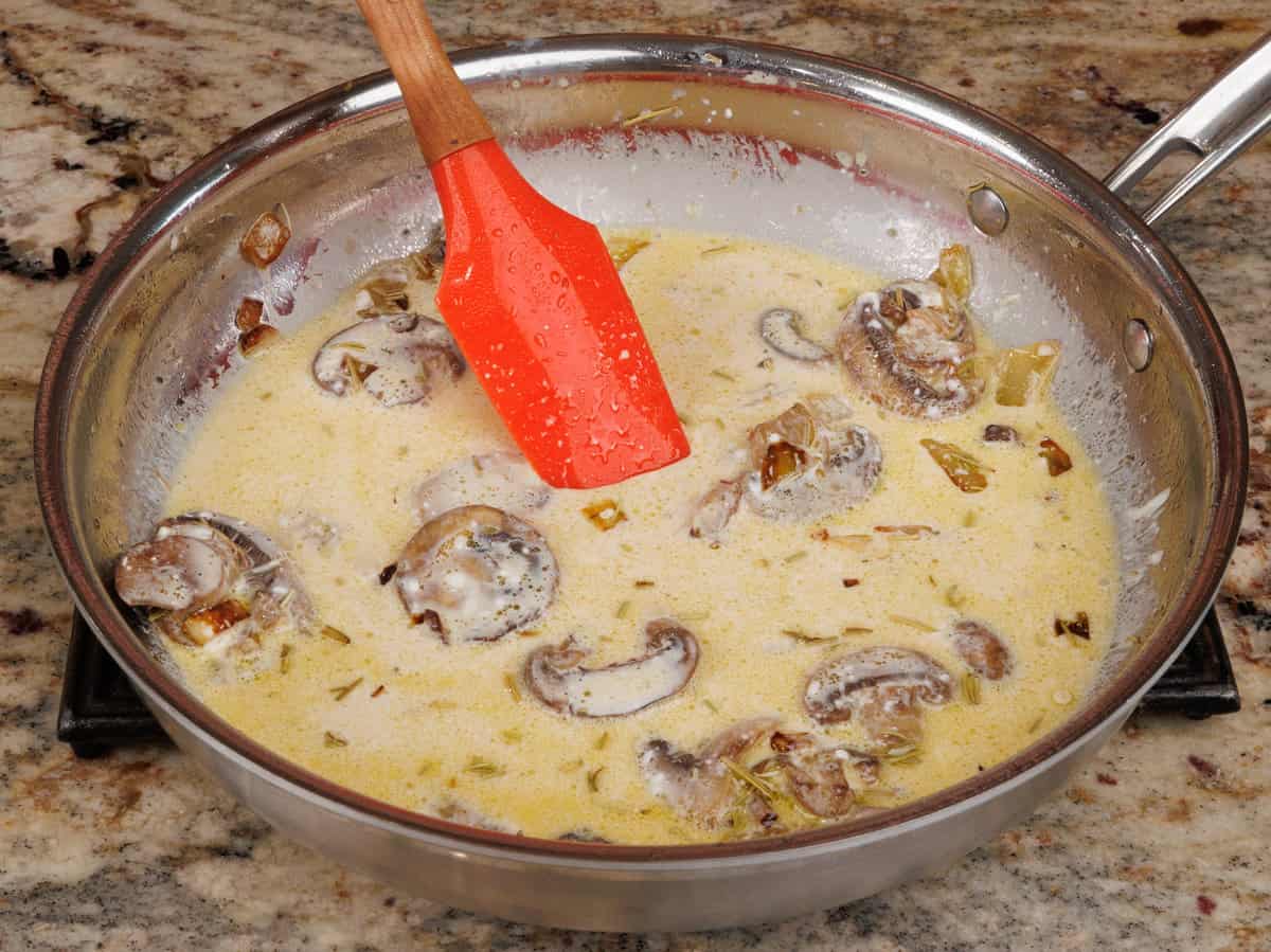 homemade cream of mushroom sauce in a pan