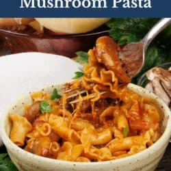 a bowl of mushroom pasta with a fork on the side.